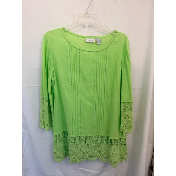 Chico's Tops - Chicos Lime Green Cotton Lace Trim Blouse Pintuck 3/4 Sleeve Top Size 2 L Large